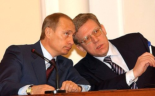 President Vladimir Putin with Finance Minister Alexei Kudrin at a joint meeting of the boards of the Finance Ministry and the Economic Development and Trade Ministry.