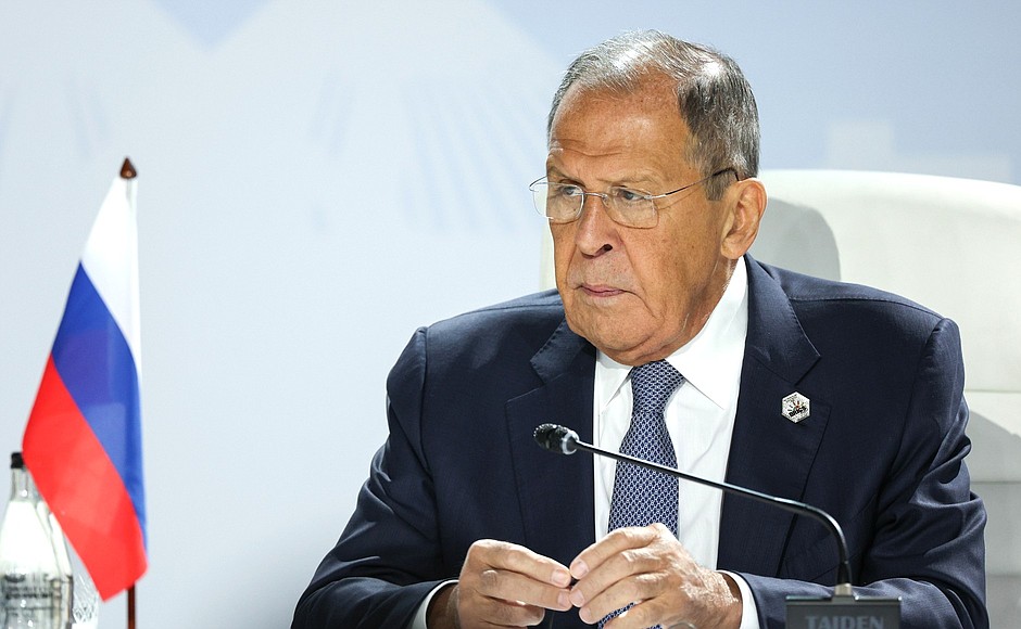 Foreign Minister of Russia Sergei Lavrov during the media statements by BRICS leaders.