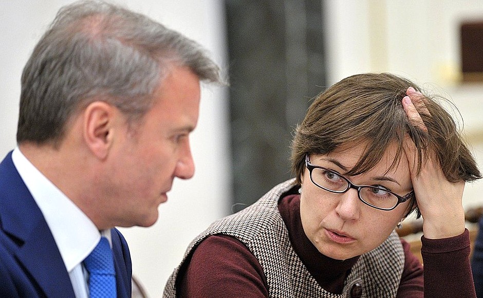 Sberbank President and Chairman Herman Gref and Chief of the Presidential Experts’ Directorate Ksenia Yudayeva before the start of a meeting on economic issues.