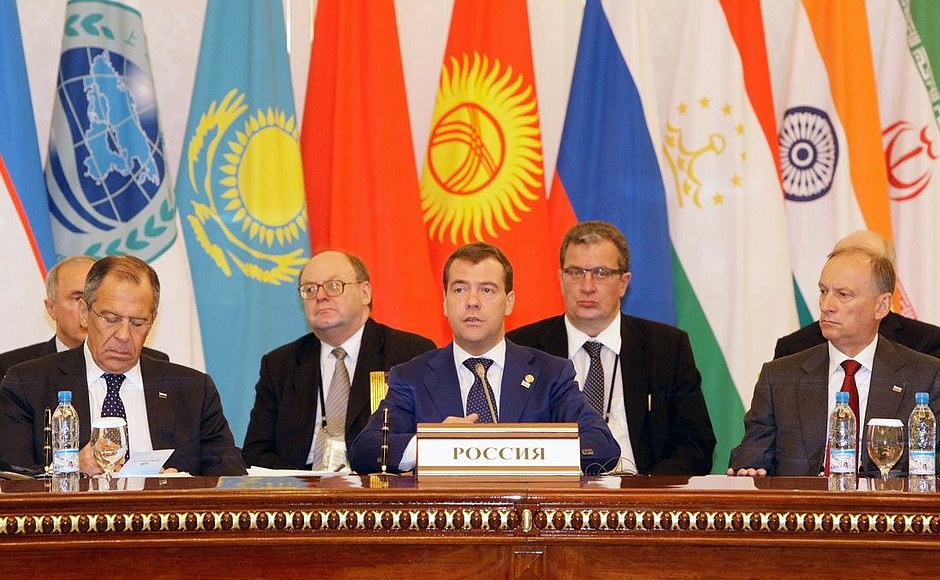 At a meeting of the Shanghai Cooperation Organisation Council of Heads of State in expanded format. With Foreign Minister Sergei Lavrov (far left) and Secretary of the Security Council Nikolai Patrushev (far right).