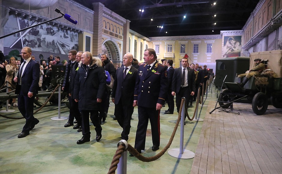 During a tour of an exhibit organized by the Lenrezerv patriotic association for the 75th anniversary of the complete liberation of Leningrad from the Nazi siege.