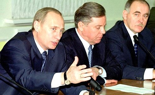 Vladimir Putin with Boris Gromov, the Moscow Region\'s Governor, and Viktor Ivanov, deputy head of the Presidential Executive Office, meeting with representatives of public organisations for the support of the disabled.