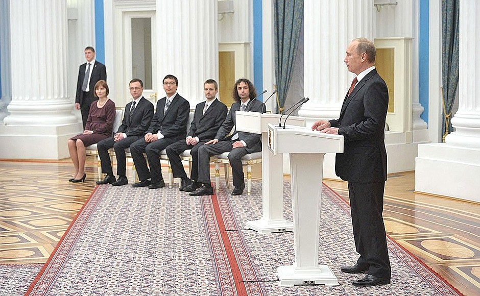 At a ceremony awarding the President’s Prize in Science and Innovation for Young Scientists for 2012.