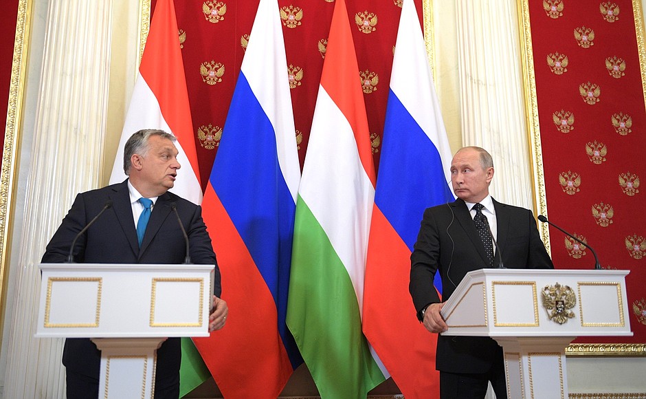 Press conference following the Russian-Hungarian talks. With Prime Minister of Hungary Viktor Orban.
