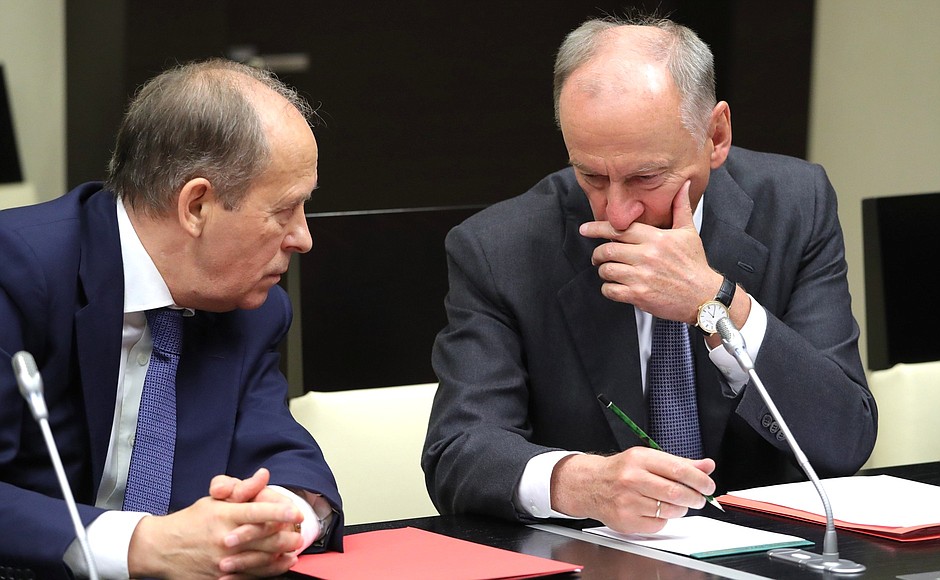 Director of the Federal Security Service Alexander Bortnikov, left, and Security Council Secretary Nikolai Patrushev before the meeting with permanent members of the Security Council.