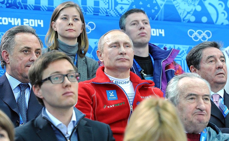 At the team figure skating competition at the Iceberg Skating Palace. To the President’s left are Sports Minister Vitaly Mutko and President of the International Skating Union Ottavio Cinquanta.