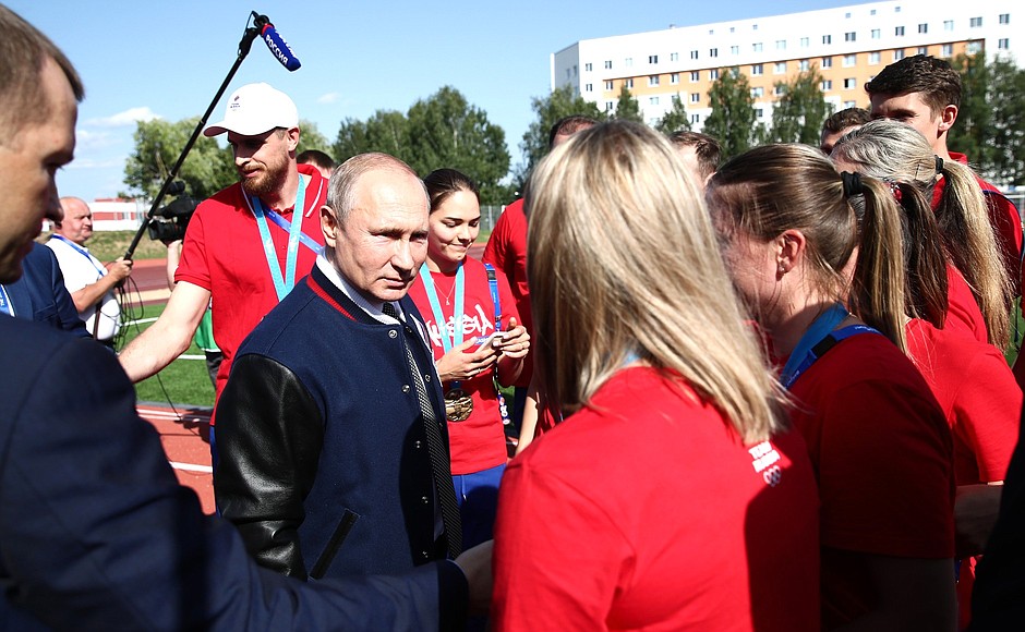 With Russian athletes at the Athletes Village of the 2nd European Games.
