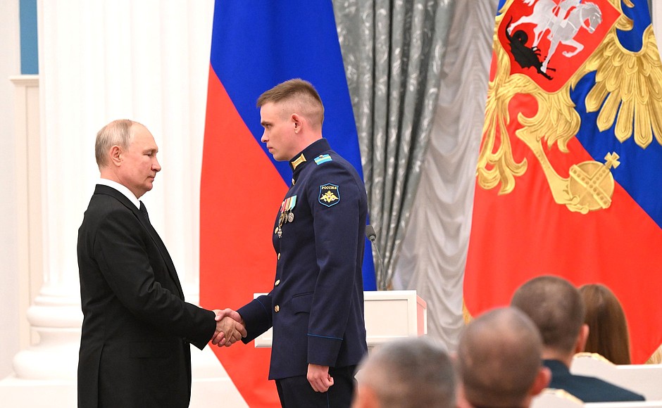 Ceremony for presenting state decorations. Senior Sergeant Sergei Ryabov awarded the title Hero of the Russian Federation.