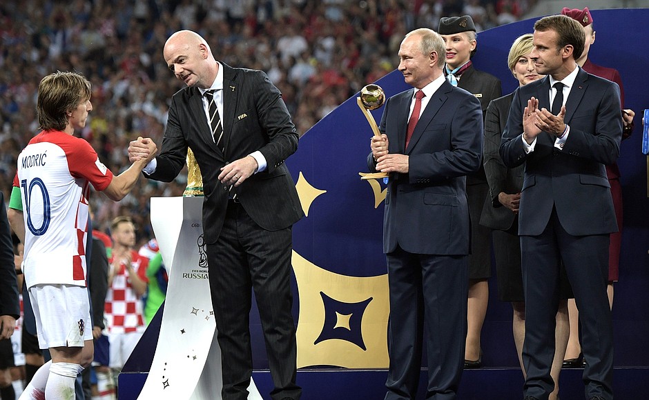 Церемония награждения победителей чемпионата мира по футболу 2018 года.