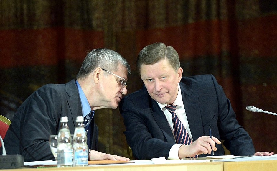 Chief of Staff of the Presidential Executive Office Sergei Ivanov and Prosecutor General Yury Chaika at a meeting on improving state control in Russia.