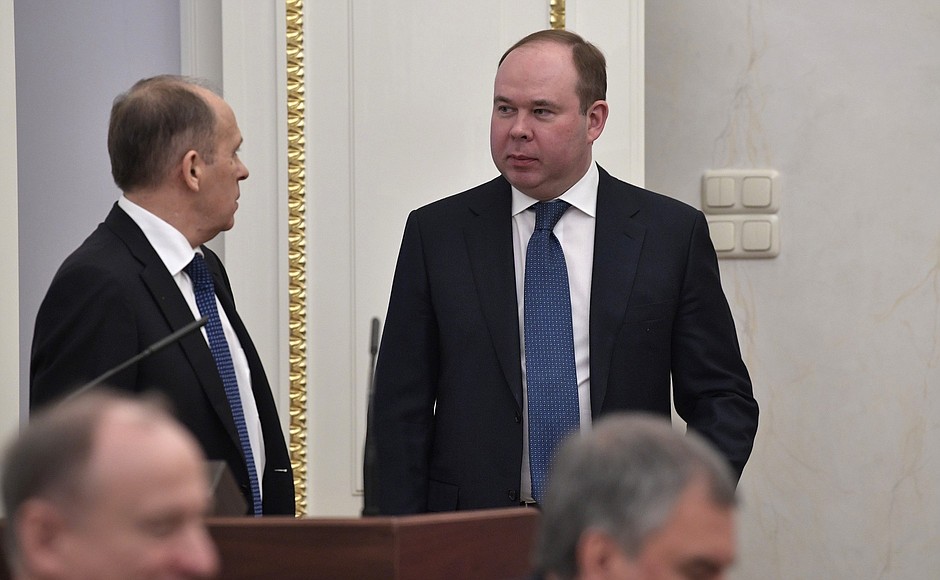 Before a meeting with permanent members of the Security Council. Director of the Federal Security Service Alexander Bortnikov (left) and Chief of Staff of the Presidential Executive Office Anton Vaino.