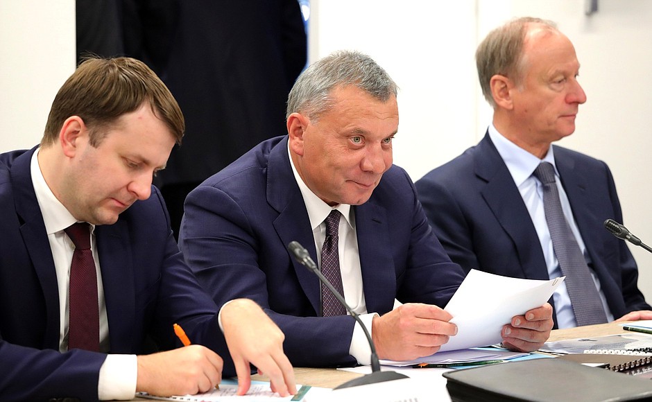 Minister of Economic Development Maxim Oreshkin, Deputy Prime Minister Yury Borisov, and Security Council Secretary Sergei Patrushev (from left to right) prior to the Military-Industrial Commission meeting.