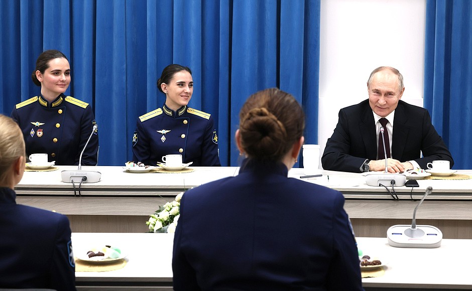 At the meeting with graduates of the Krasnodar Higher Military Aviation School.