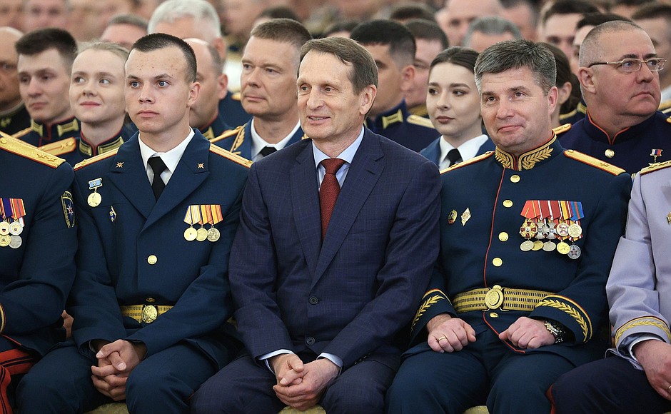 Before a meeting with graduates of higher military schools. Director of the Foreign Intelligence Service Sergei Naryshkin (centre).