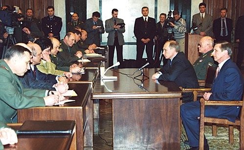 President Putin introducing newly appointed Defence Minister Sergei Ivanov, his deputies and generals to top Defence Ministry officials.