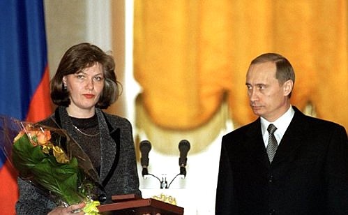 At the award presentation ceremony. The title of Hero of Russia was conferred posthumously on Maj.-Gen. Mikhail Malofeyev, who died during the liberation of the city of Grozny. The award was given to the Hero\'s widow, Svetlana Malofeyeva.