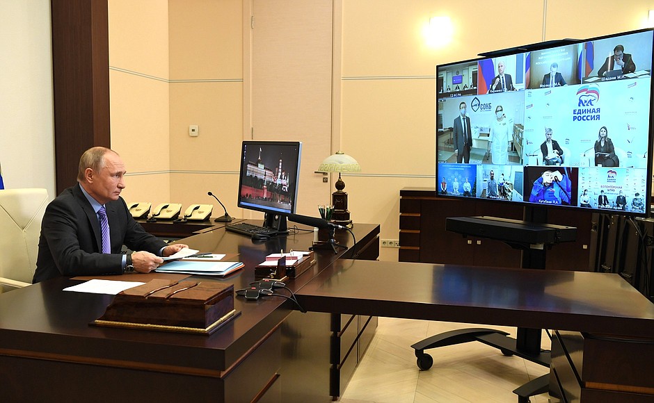 Vladimir Putin met with participants of the online social forum of the United Russia political party via videoconference.