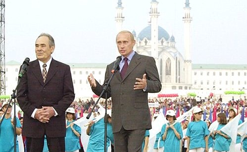 President Vladimir Putin with President of Tatarstan Mintimer Shaimiyev during a public address on Tatarstan\'s Republic Day.