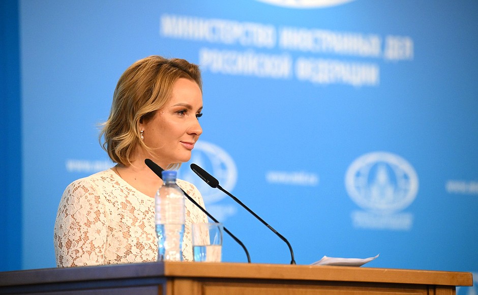 Maria Lvova-Belova at a news conference at Russia’s Foreign Ministry.