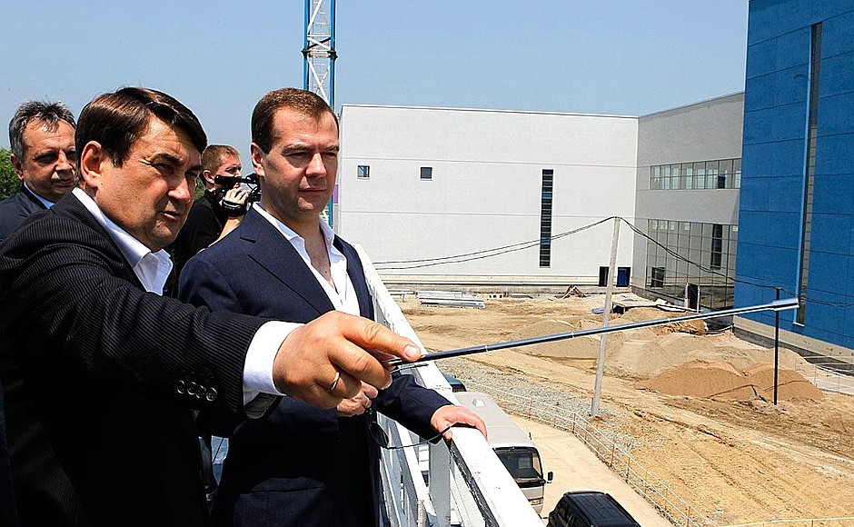 With Transport Minister Igor Levitin during an inspection of the airport complex under construction.