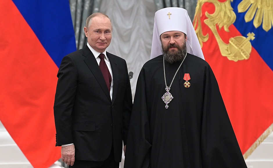 Presentation of state decorations in the Kremlin. Metropolitan Hilarion of Volokolamsk (Grigory Alfeyev), Chair of the Moscow Patriarchate’s Department for External Church Relations, receives the Order of Alexander Nevsky.