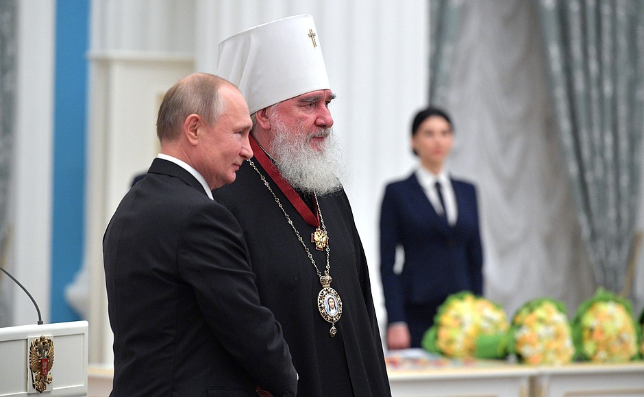 Ceremony for presenting state decorations. The Order for Services to the Fatherland III degree was awarded to Metropolitan Kliment of Kaluga and Borovsk, Eparchial Hierarch of the Kaluga Eparchy of the Russian Orthodox Church.