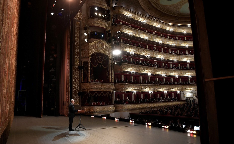 Speaking at a gala New Year event at the Bolshoi Theatre.
