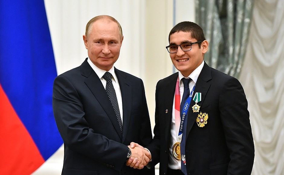 Ceremony for presenting state decorations to winners of the 2020 Summer Olympics in Tokyo. The Order of Friendship is awarded to 2020 Olympics champion in featherweight boxing (up to 57 kg) event Albert Batyrgaziyev.