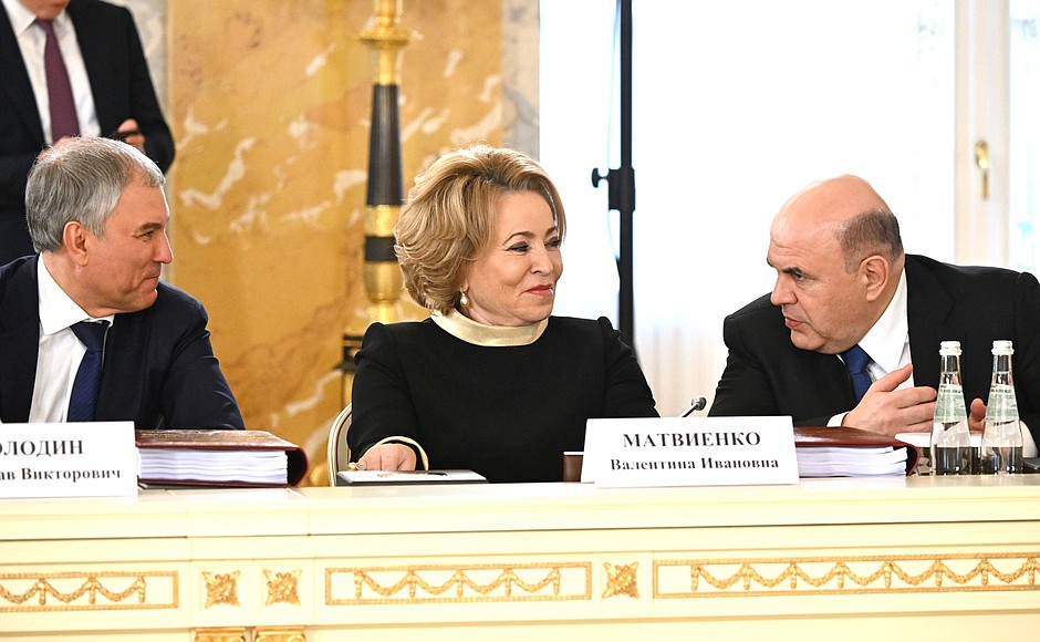 Before a meeting of the Supreme State Council of the Union State. State Duma Speaker Vyacheslav Volodin (left), Federation Council Speaker Valentina Matviyenko and Prime Minister of Russia, Chairman of the Council of Ministers of the Union State Mikhail Mishustin.