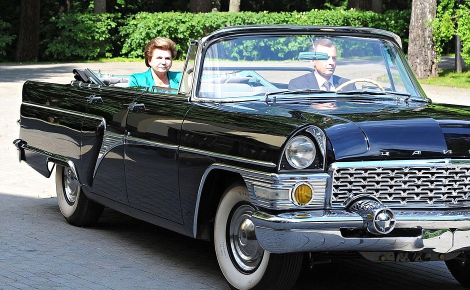 Valentina Tereshkova arrived at the meeting with the President in a Chaika car. The Chaika was used during the Soviet era for the most special occasions, in particular, welcoming the first cosmonauts when they returned to Moscow from their legend-making spaceflights.