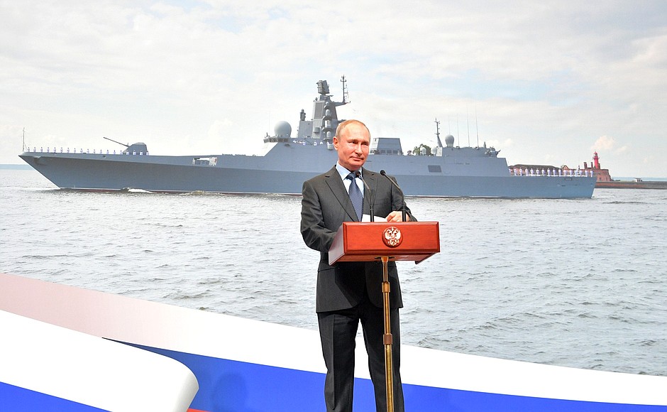 Vladimir Putin taking part in the keel-laying ceremony for two Project 22350 frigates – the Admiral Amelko and the Admiral Chichagov at the Severnaya Verf Shipyard.