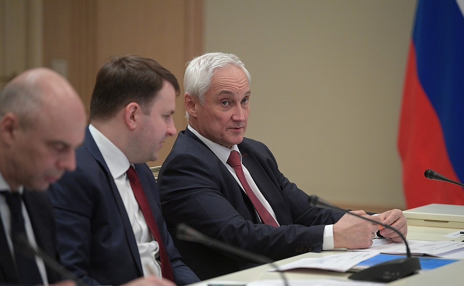 From right: First Deputy Prime Minister Andrei Belousov, Presidential Aide Maxim Oreshkin and Finance Minister Anton Siluanov before the meeting on the most pressing international issues.