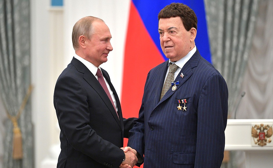 At a presentation of state decorations. National Artist of the USSR and First Deputy Chairman of the State Duma Committee on Culture Iosif Kobzon has been awarded the distinctive mark For Beneficence.