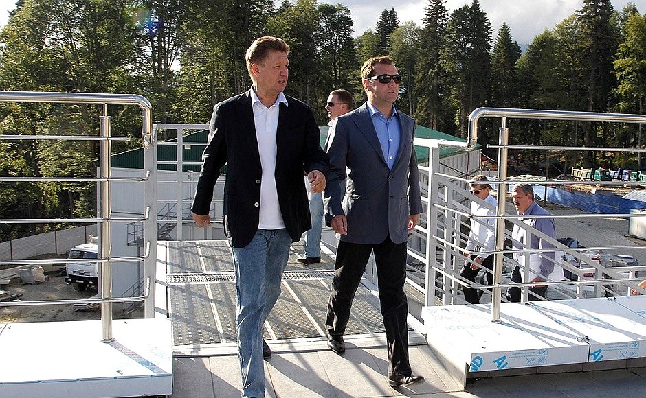With Chairman of Gazprom’s Management Committee Alexei Miller while observing construction site of Olympic mountain cluster facilities K-125 and K-95 ski jumps.