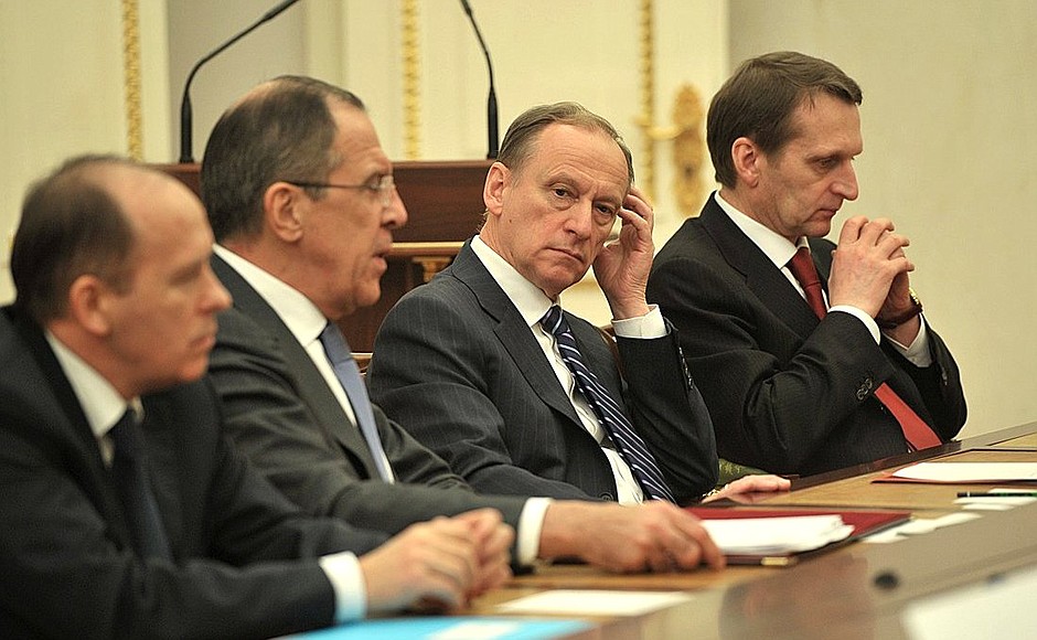 Security Council Secretary Nikolai Patrushev, Foreign Minister Sergei Lavrov, Director of the Federal Security Service Alexander Bortnikov and State Duma Speaker Sergei Naryshkin at meeting with permanent members of the Security Council.