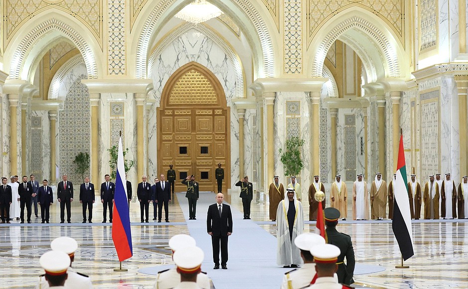 Official welcoming ceremony for Vladimir Putin hosted by President of the United Arab Emirates Sheikh Mohammed bin Zayed Al Nahyan.