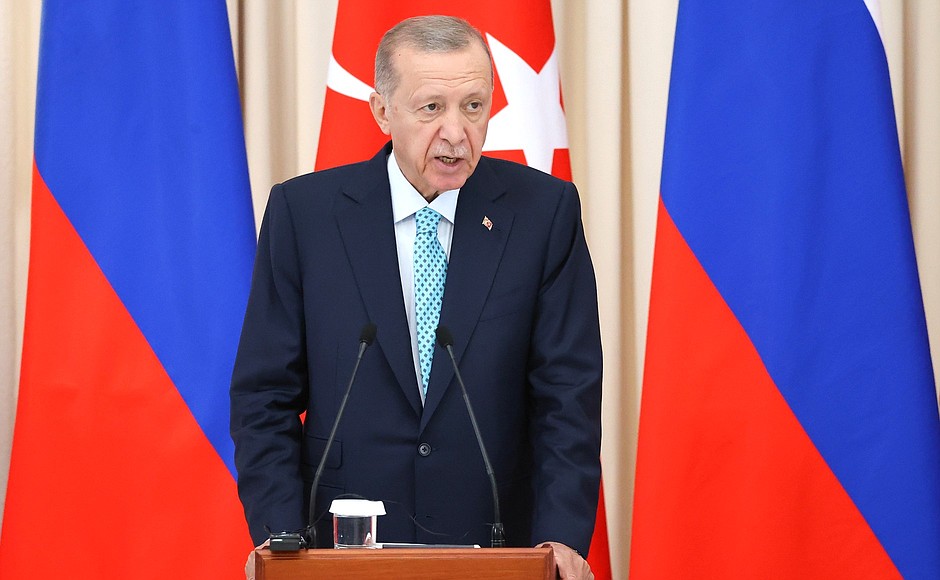 President of the Republic of Turkiye Recep Tayyip Erdogan during news conference following Russian-Turkish talks.