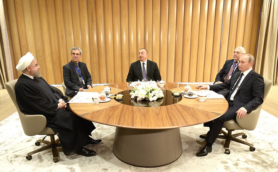 Before the trilateral meeting. Tea with President of the Republic of Azerbaijan Ilham Aliyev (centre) and President of the Islamic Republic of Iran Hassan Rouhani.