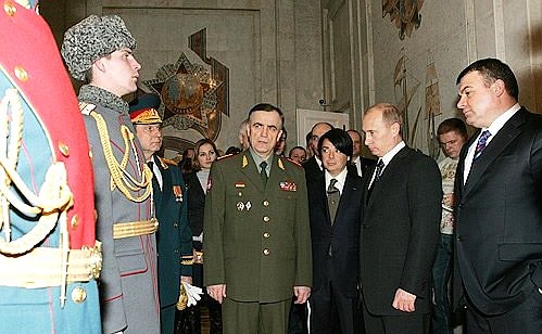 Inspecting models of the new Russian Armed Forces uniforms. With Defence Minister Anatoly Serdyukov (right), fashion designer Valentin Yudashkin, and Chief of Rear Services and Deputy Defence Minister Vladimir Isakov.