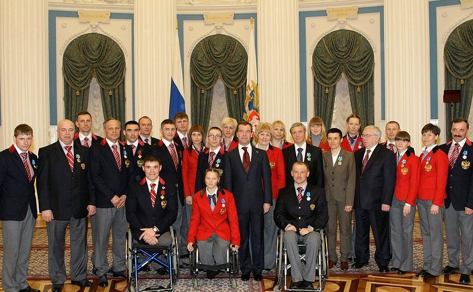 With medal winners at the X Paralympic Games in Vancouver and the Russian Paralympic team’s coaches.