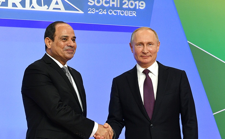 Official welcoming ceremony before the reception on behalf of the President of Russia in honour of the heads of state and government of the countries participating in the Russia-Africa Summit. With President of the Arab Republic of Egypt Abdel Fattah el-Sisi, African Union Chairperson and Co-chair of the Russia-Africa Summit.