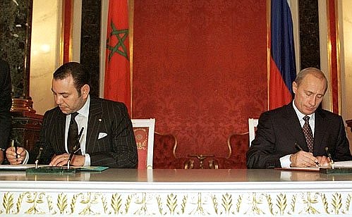 С Королем Марокко Мохаммедом VI во время подписания Декларации о стратегическом партнерстве между Россией и Марокко.