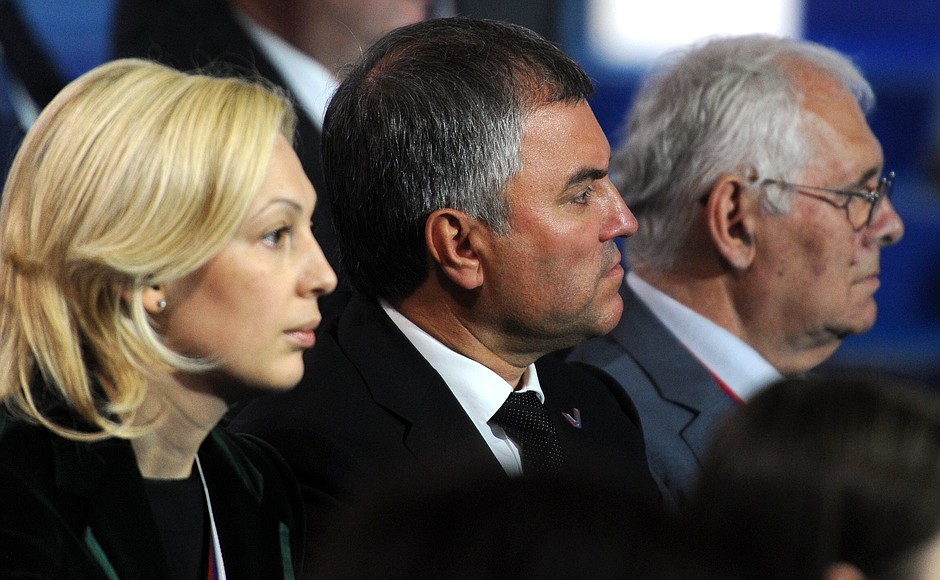 Co-Chairperson of the ONF Central Headquarters Olga Timofeyeva, First Deputy Chief of Staff of the Presidential Executive Office Vyacheslav Volodin, and President of the National Medical Chamber Leonid Roshal (right) at the Russian Popular Front forum For Quality and Affordable Medicine!