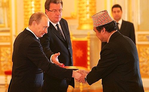 The Ambassador of Nepal, Surya Kiran Gurung, presents his credentials to the President of Russia.
