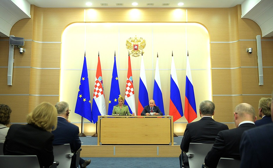 Заявления для прессы по итогам российско-хорватских переговоров. С Президентом Республики Хорватии Колиндой Грабар-Китарович.
