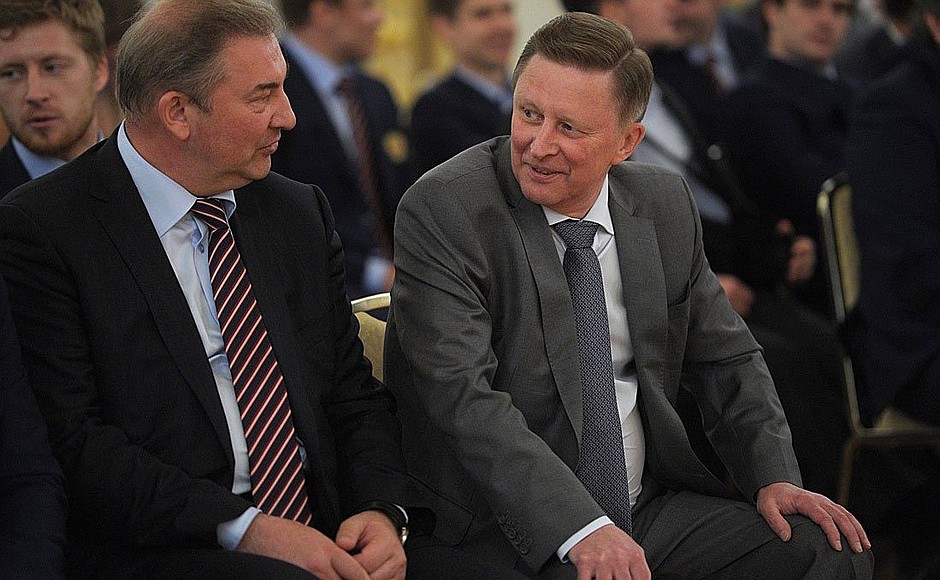 Chief of Staff of the Presidential Executive Office Sergei Ivanov (right) and President of the Hockey Federation of Russia Vladislav Tretyak.