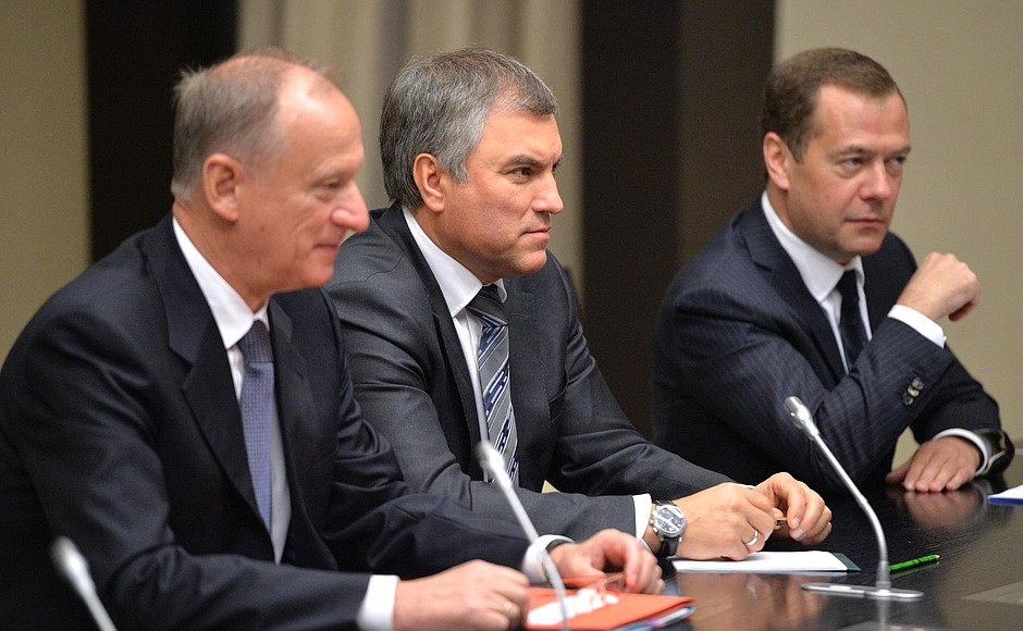 Left to right: Security Council Secretary Nikolai Patrushev, State Duma Speaker Vyacheslav Volodin and Prime Minister Dmitry Medvedev at a meeting with permanent members of the Security Council.