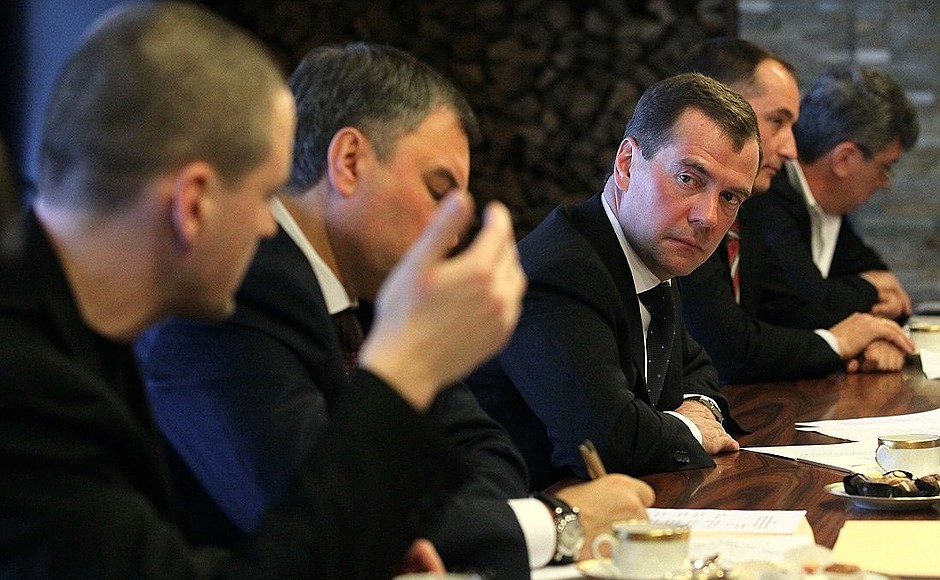 Meeting with leaders of unregistered political parties. Left to right: Sergei Udaltsov (Russian United Labour Front (ROT Front)), First Deputy Chief of Staff of the Presidential Executive Office Vyacheslav Volodin, Dmitry Medvedev, Konstantin Babkin (Party of Action), and Boris Nemtsov (Party of People’s Freedom for Russia without Arbitrariness and Corruption (PARNAS)).