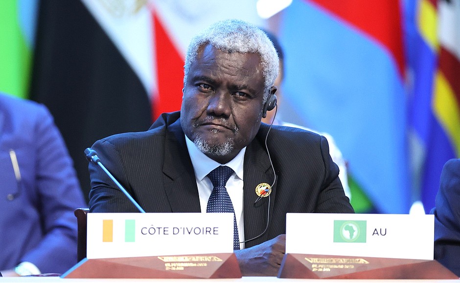 Chairperson of the African Union Commission Moussa Faki Mahamat at the plenary session of the Russia–Africa Summit.