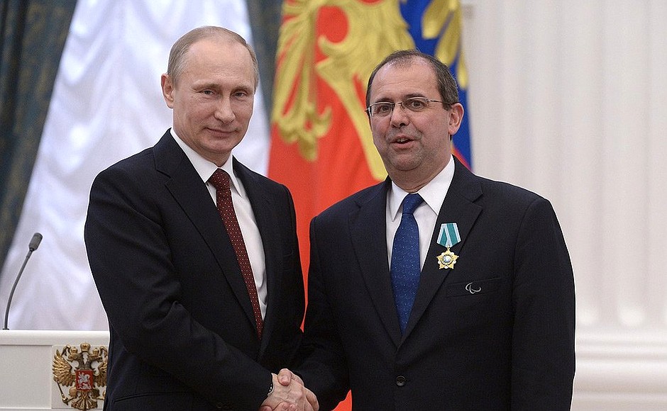 Presenting Russian Federation state decorations. International Paralympic Committee CEO Xavier Gonzalez Lafont is awarded the Order of Friendship.